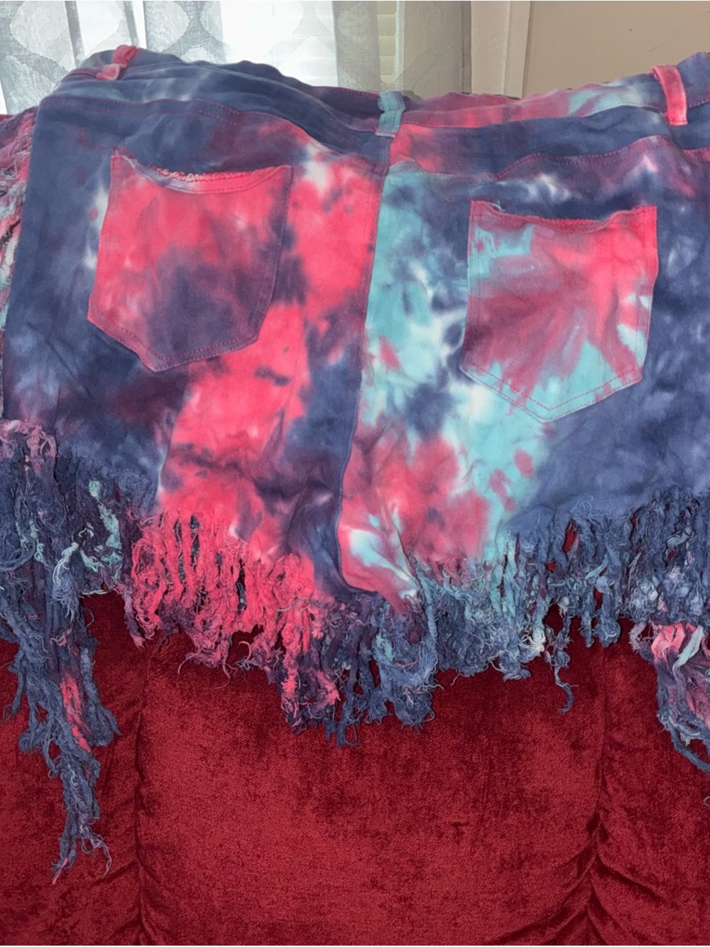 Daisy Tie-Dye High Waist Fringe Shorts - Pink & Blue